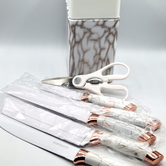 6 Knives Kitchen Cutlery White/Gold Handles Plastic Block Holder EVEYEALTH New - Picture 1 of 14